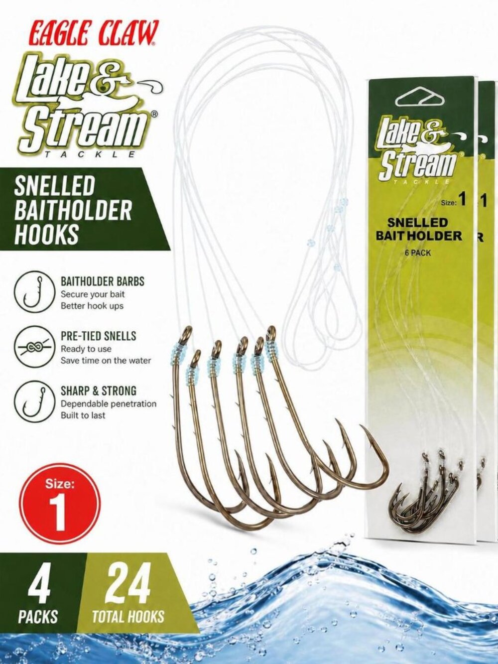 4 Packs Of 6 Eagle Claw Lake & Stream Snelled Baitholder Hooks Size 1 - 24 Total